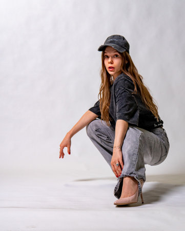 young scuffs white tank top background streetstyle woman top trucker hat stylish style t-shirtの写真素材