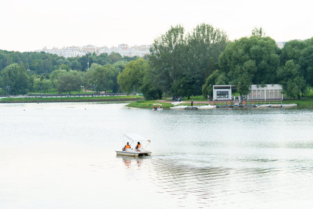 lake summer sky landscape river water beautiful travel fishing vacation boat wooden natureの写真素材