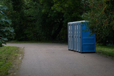 portable blue bathroom or clean toilet sanitary sanitation restroom lavatory door latrineの写真素材