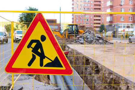 work sewer underground water tube construction dig drainage sign system pipe ground hole trench...