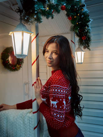Young girl in a sweater at christmas. Vertical photoの写真素材