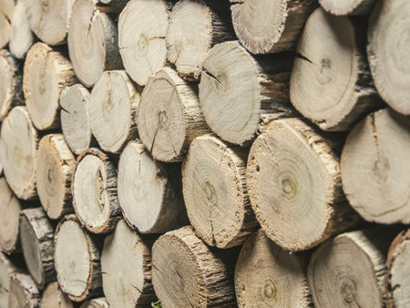 Wooden logs stacked in a pile as a background, close-upの写真素材