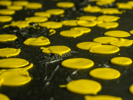 Yellow oil drops on a black background. Macro. Selective focus.の写真素材