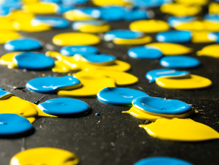 Colorful splashes of paint on a black background. Selective focusの写真素材
