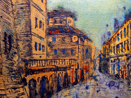 abstract color painting on the wall of an old street in Parisの写真素材