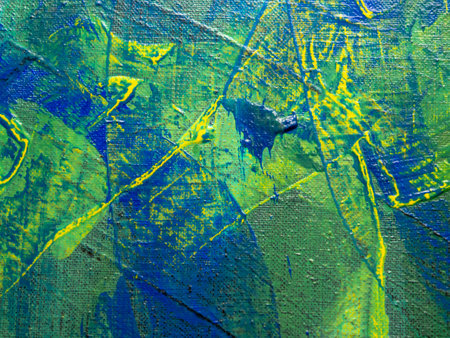 abstract background oil painting on canvas with green, blue and yellow colorsの写真素材