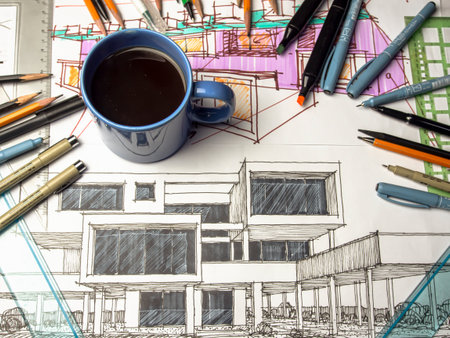 A cup of coffee on the table. Drinking coffee. Architectural design. Drawing in progress. Drawing on...