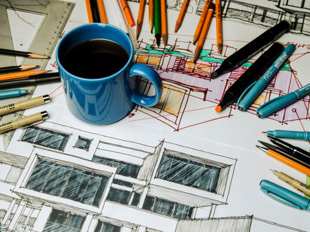Blue cup of coffee on architectural drawing with pencils and blueprintsの写真素材
