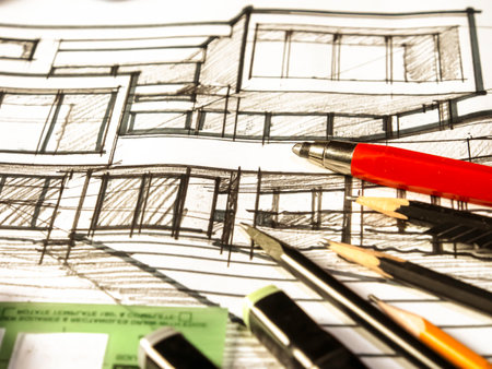 Architectural drawing of a house and pencils. Architectural project. Architectural design. Drawing...
