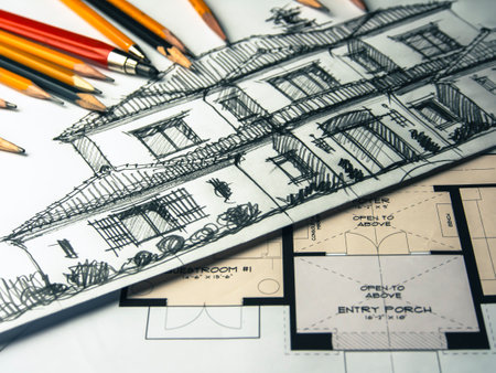 Architectural plan of house with pencils. Architectural projectの写真素材
