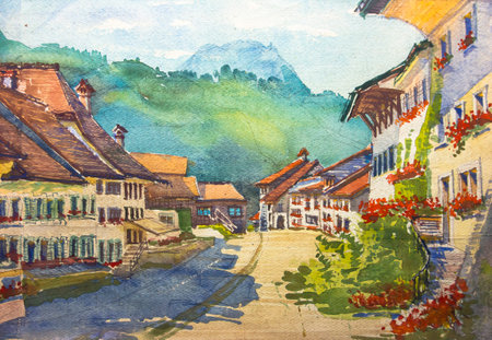 Mountain landscape in Switzerland with ancient architecture. Street in Switzerland. Watercolor painting, illustration. Watercolor artwork.の写真素材
