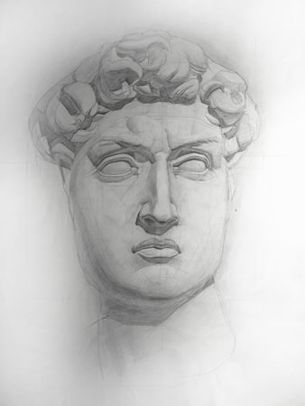 Drawing of a plaster head. Handmade. Black and white. Plaster head of David.の写真素材