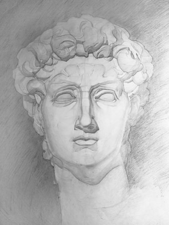 Drawing of a plaster head. Handmade. Black and white. Plaster head of David.の写真素材