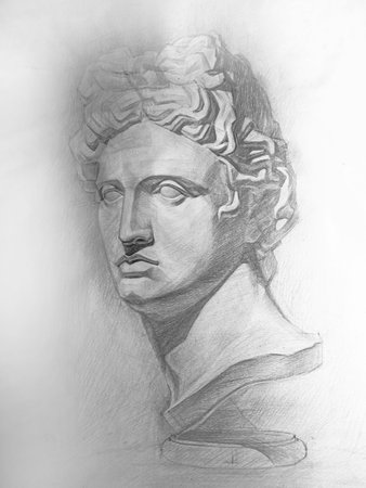 Drawing of a plaster head. Handmade. Black and white.の写真素材