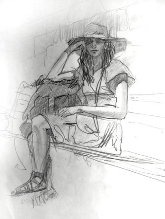 Sketch of a girl in a hat sitting on a bench. A girl in a hat and glasses sits on a bench. Pencil drawing.の写真素材