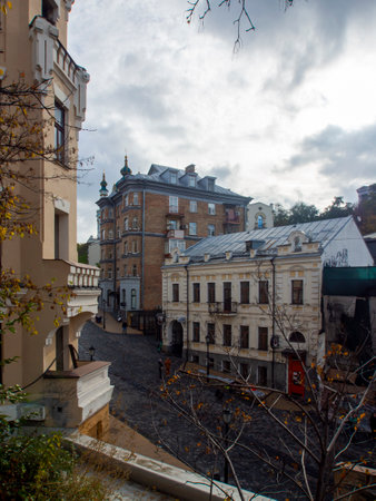 Downtown of Kyiv, Ukraine in autumn. Views of historic architecture and landscape, nature of Kyiv. Old streets and buildings of the city center.の写真素材