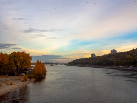 Autumn view of the Dnieper River in Kiev, Ukraineの写真素材