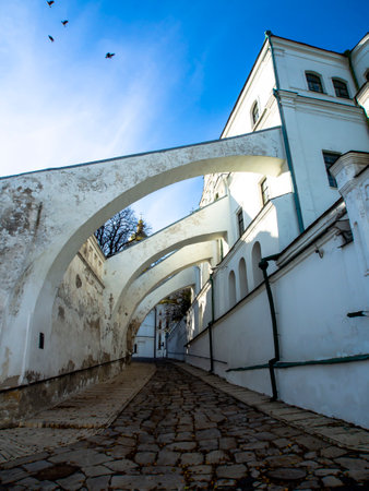 Temples, churches of Kyiv Pechersk Lavra, Kyiv, Ukraine. Sunny day. Historical and cultural reserve, historic architecture, downtown of Kyiv.の写真素材