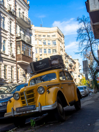 Vintage taxi on the street of the city of Kyiv, Ukraineの写真素材