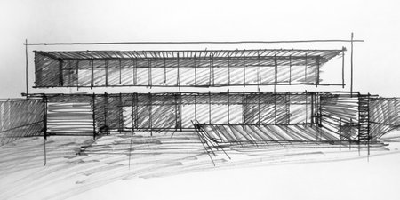 Drawing of a modern house on a white background. Pencil drawing.の写真素材