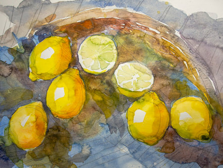 Watercolor painting of lemons on the watercolor paper background.の写真素材