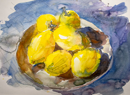 Watercolor painting of a bowl with yellow fruit on a white backgroundの写真素材
