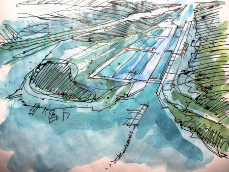 Watercolor handmade illustration. Watercolor drawing of the view on paper.の写真素材