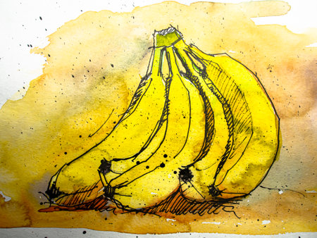 Drawing of bananas on watercolor paper. Hand drawn illustration.の写真素材