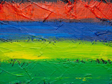 Painting close-up texture background. Multicolored strokes of oil paint on canvas. Brush painted, hand drawn style.の写真素材