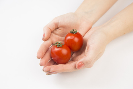 Red tomato gently in your hand on a white backgroundの写真素材