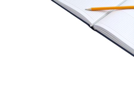 Diary and pencil isolated on white background with free text space. Open a blank white notebook. Personal organizer.の写真素材