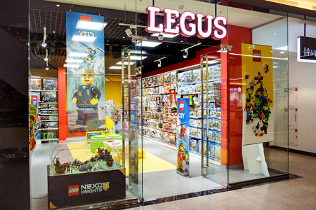 Minsk, Belarus, July 7, 2018: A front view of the store Legus, which sells Lego products.のeditorial素材