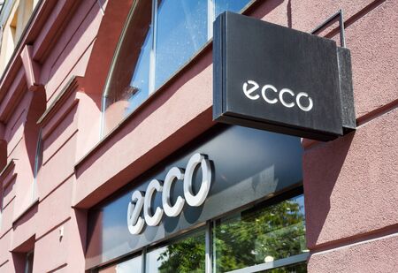 Minsk, Belarus - June 16, 2017: A sign ECCO above entrance to store in Minsk. Ecco is a Danish brand of shoes and footwear, spread worldwideのeditorial素材