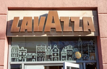Minsk, Belarus, March 22, 2019: Lavazza Coffee House. A sign of Lavazza above the entrance to the...