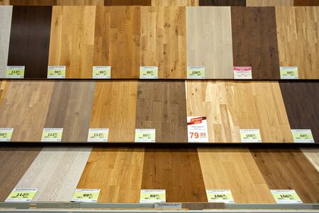MINSK, BELARUS - November 23, 2019: Assortment of flooring samples in a construction store.のeditorial素材
