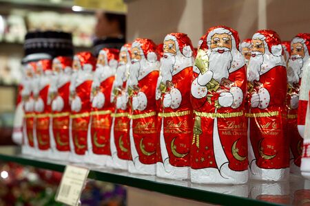 MINSK, BELARUS - December 13, 2019: Chocolate Santa Claus by Lindt ready for Christmas Presents for Sale in a Shopのeditorial素材