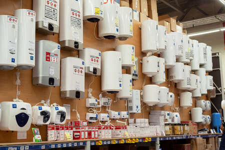 MINSK, BELARUS - May 16, 2020: Water heating boilers choice, plumbering store. Sale of water heatersのeditorial素材