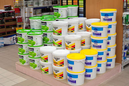 MINSK, BELARUS - May 16, 2020: Paint from various manufacturers is sold in store.のeditorial素材