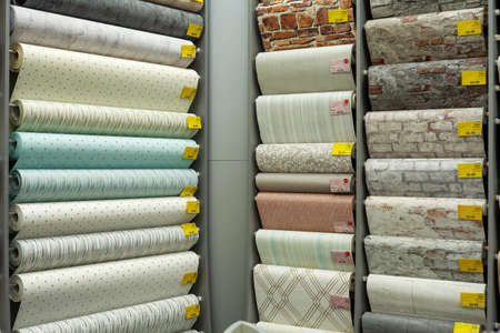 Great choice of wallpapers in a shop for construction. Minsk, Belarus - March 2021のeditorial素材