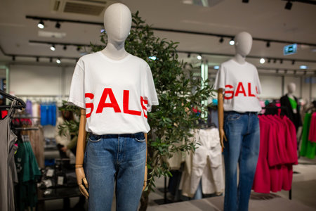 mannequin wearing sale letter on t shirt in shopping department storeの写真素材