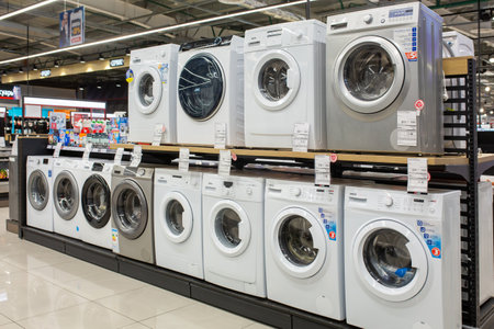 Washing machines displayed in the showroom of a commercial store. Minsk, Belarus - February, 2022のeditorial素材