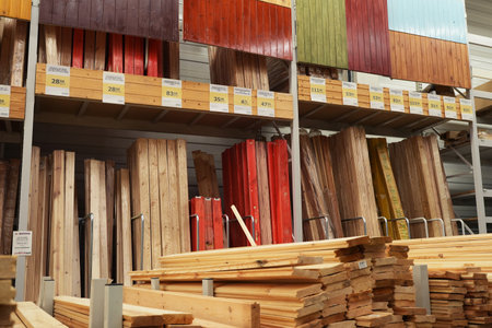 Store with variety of timber for construction and repair. Minsk, Belarus - april 2022
