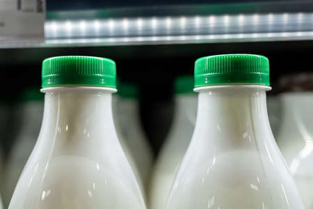 Bottles of milk are sold in a grocery store close-up. Green covers with small vertical lines on plastic bottles with milk inside for preparing breakfast wait for buyers on supermarket shelf.の写真素材