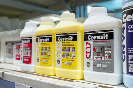 Ceresit primer for interior work sold in building materials store. Ceresit, part of Henkel, is a...