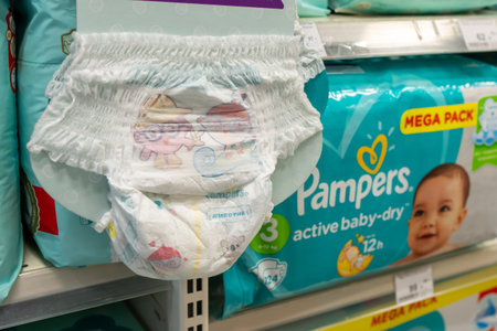 Pampers diapers for baby. Disposable diapers displayed for sale at supermarket. Minsk, Belarus, 2022のeditorial素材