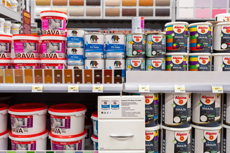 Paints of different brands on the shelves in the store. Minsk, Belarus, 2022のeditorial素材