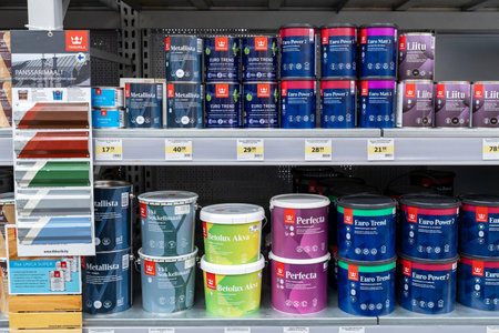 Tikkurila brand paint on store shelves. Minsk, Belarus, 2022のeditorial素材
