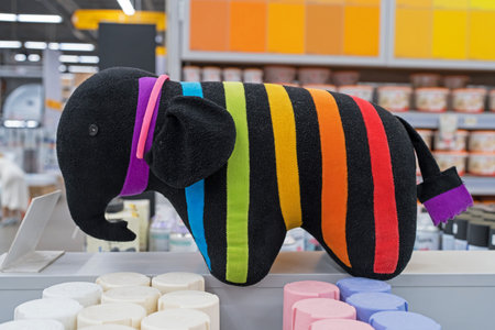 Caparol Company logo - Plush colored striped elephant, a symbol of company Caparol at paint store. Minsk, Belarus, 2022のeditorial素材