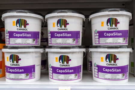 Caparol brand paints on store shelves. Minsk, Belarus, 2022のeditorial素材