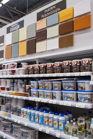 Paints of different brands on the shelves in the store. Minsk, Belarus, 2022のeditorial素材
